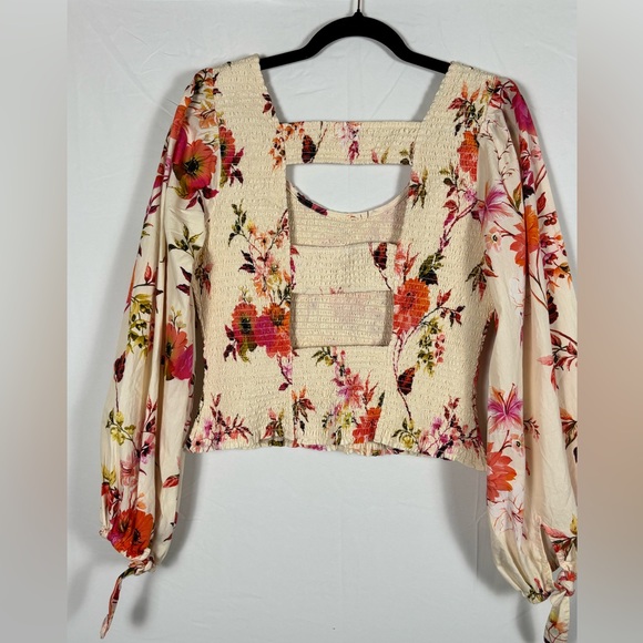By Anthropologie Top Smocked Peplum Floral Cream Pink - M - Picture 8 of 13